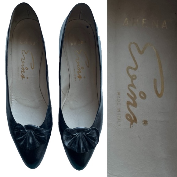 Vintage ARENA EVINS Black LEATHER Fan BOW Adorned PUMPS Made in ITALY Size 6B - Picture 1 of 14